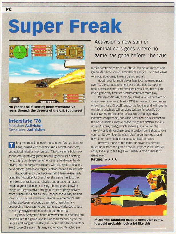 Picture of magazine review of Interstate '76 from 1997, rated as four stars. Article is titled 'Super Freak' and summarizes the game as: Activision's new spin on combat cars goes where no game has gone before: the '70s.